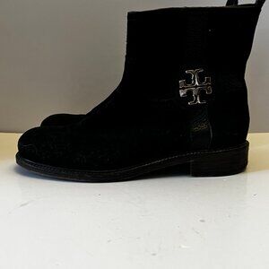Tory Burch Black Suede Ankle Boots with Silver Logo